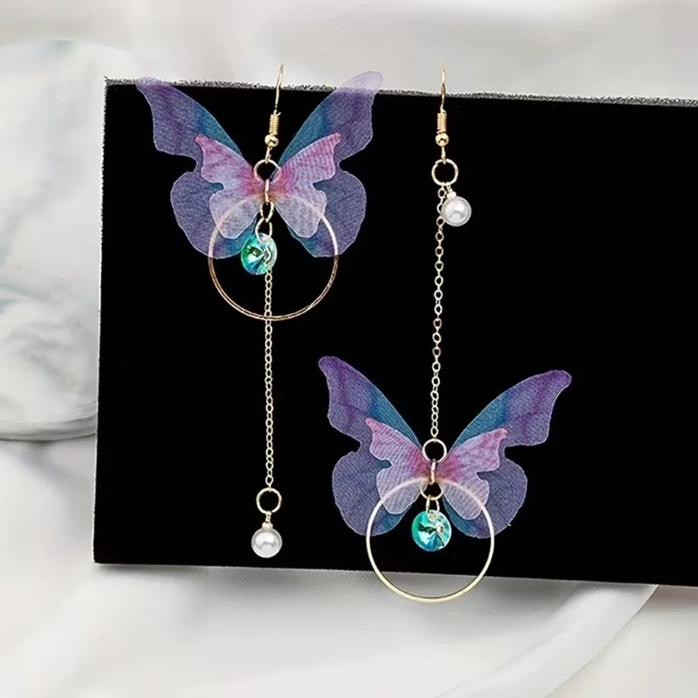 Womens Purple Blue Organza Butterfly Asymmetrical Dangle Earrings Gold‎ Tone